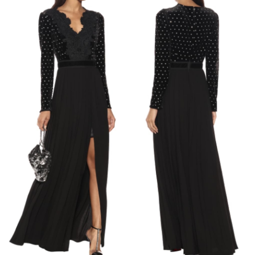 Self-Portrait Black Velvet & Embellished Maxi Dress